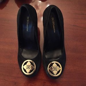 BCBGeneration Black Suede Round Closed Toe Wedge Heels